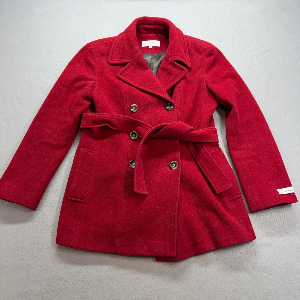 Calvin Klein Pea Coat Womens 6 Red Wool Blend Double Breasted Belted Jacket